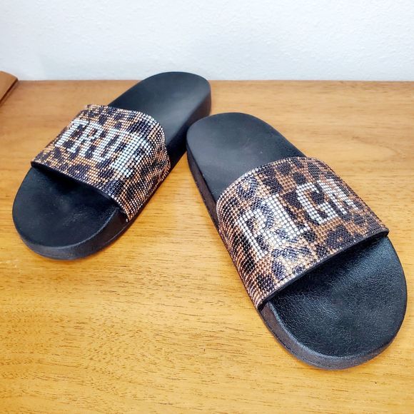 True Religion Leopard Flip Flops Slides Bedazzled Bling Rhinestone Slippers SZ 6 - Picture 7 of 7